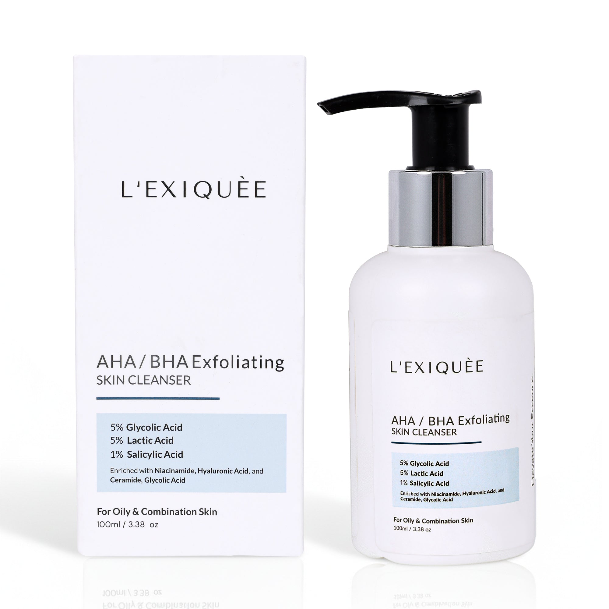 L’EXIQUÈE AHA/BHA Exfoliating Skin Cleanser | 5% Glycolic Acid, 5% Lactic Acid & 1% Salicylic Acid | Enriched with Niacinamide, Hyaluronic Acid & Ceramide | Deep Pore Cleanser for Smooth, Clear & Bright Skin | 100ml