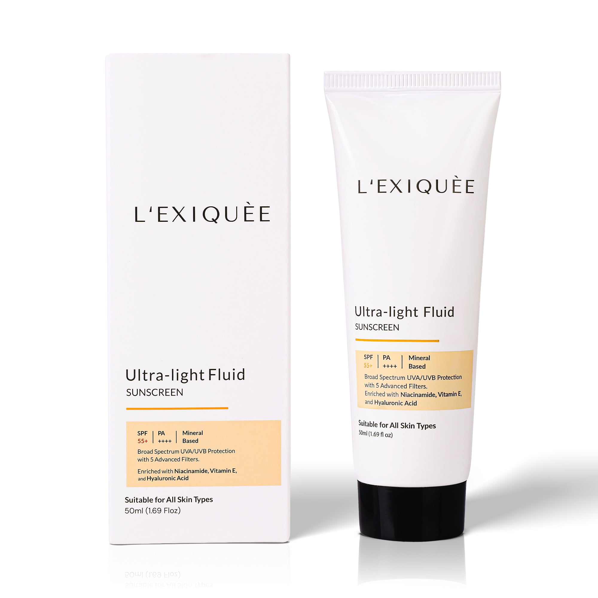 L'EXIQUEE Ultra-Light Fluid Sunscreen SPF 55+ PA++++ | Mineral-Based | Broad Spectrum UVA/UVB Protection | 50ml