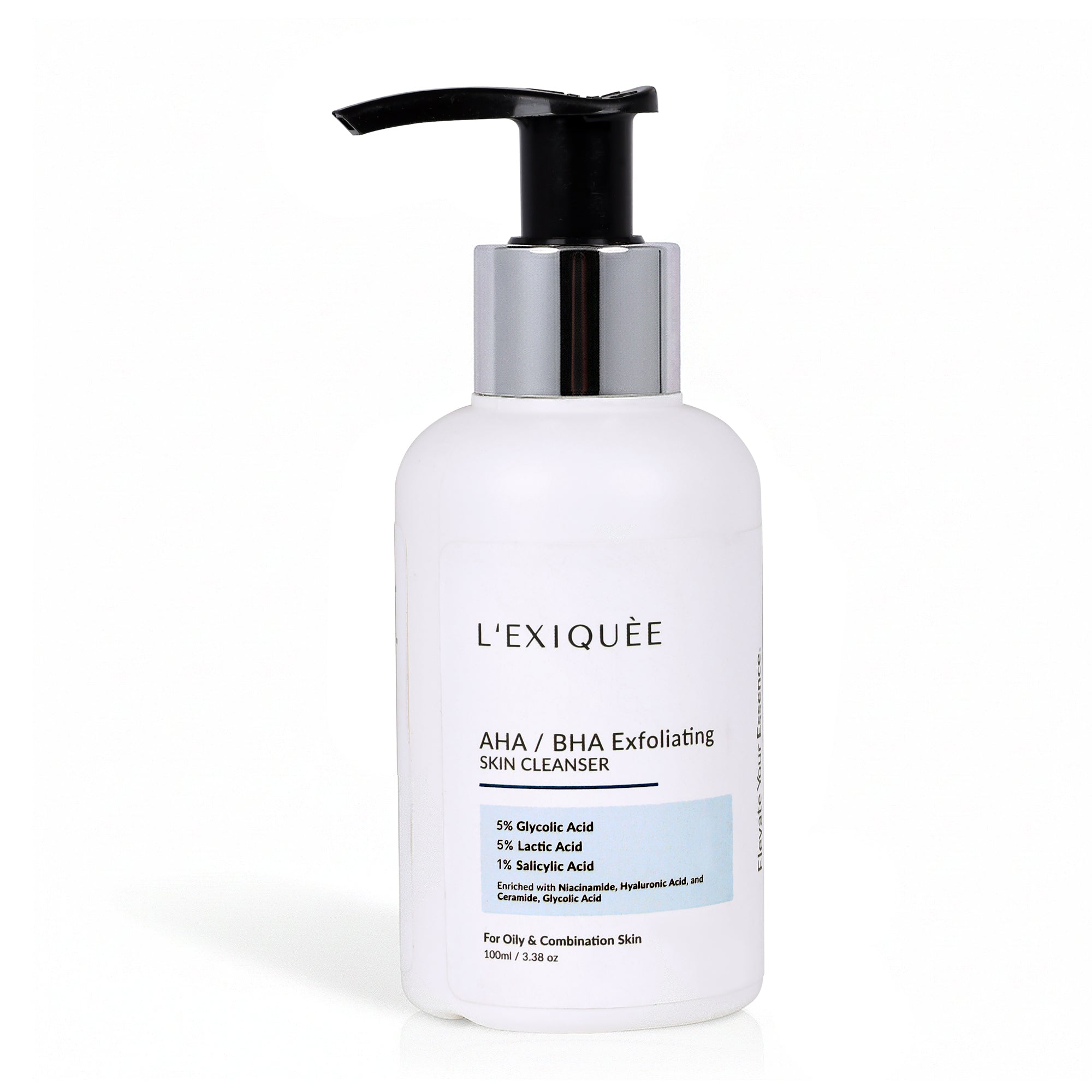 L’EXIQUÈE AHA/BHA Exfoliating Skin Cleanser | 5% Glycolic Acid, 5% Lactic Acid & 1% Salicylic Acid | Enriched with Niacinamide, Hyaluronic Acid & Ceramide | Deep Pore Cleanser for Smooth, Clear & Bright Skin | 100ml