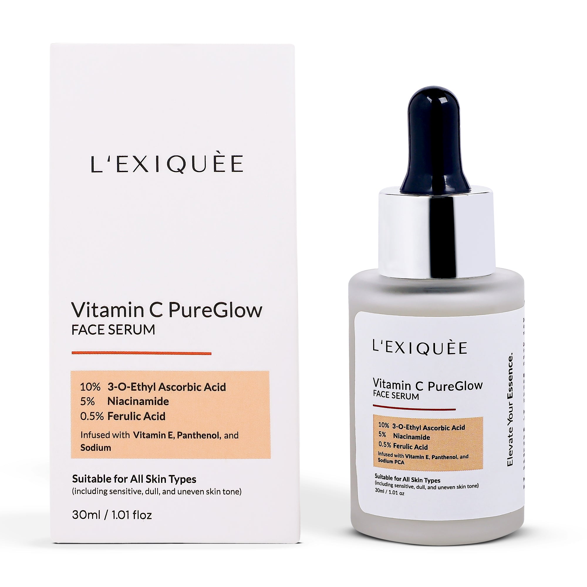 L'EXIQUÈE Vitamin C PureGlow Face Serum 30ml | Brightens Dull Skin, Fades Dark Spots & Pigmentation | 10% 3-O-Ethyl Ascorbic Acid, 5% Niacinamide, 0.5% Ferulic Acid | For All Skin Types Including Sensitive Skin