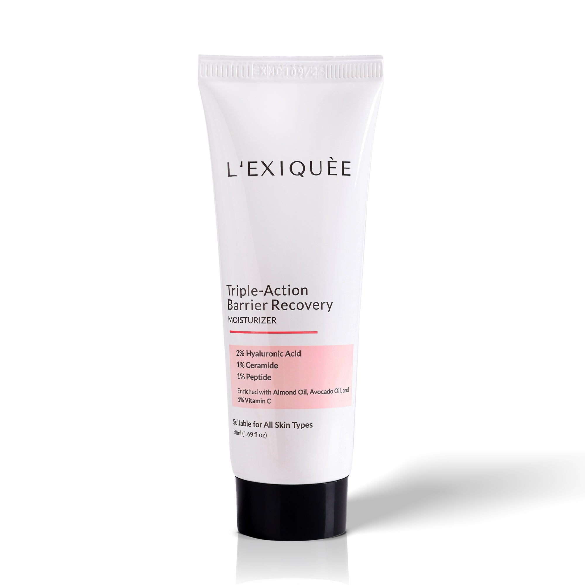 L'EXIQUÈE Triple-Action Barrier Recovery Moisturizer | 2% Hyaluronic Acid, 1% Ceramide & 1% Peptide Complex | Strengthens Skin Barrier, Deeply Hydrates & Brightens | With Almond & Avocado Oil, Vitamin C | For Dry And Combination Skin Types | 50ml