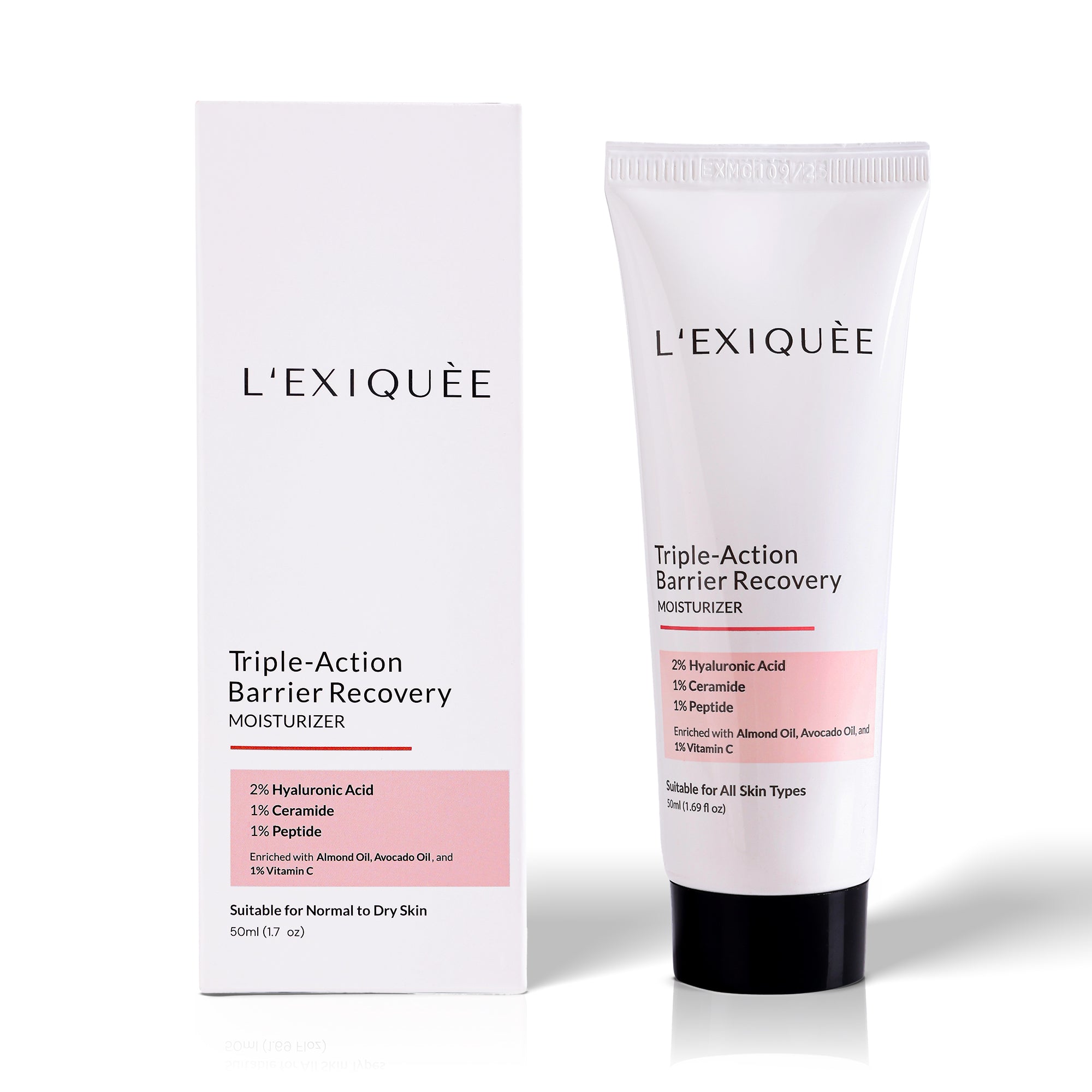 L'EXIQUÈE Triple-Action Barrier Recovery Moisturizer | 2% Hyaluronic Acid, 1% Ceramide & 1% Peptide Complex | Strengthens Skin Barrier, Deeply Hydrates & Brightens | With Almond & Avocado Oil, Vitamin C | For Dry And Combination Skin Types | 50ml