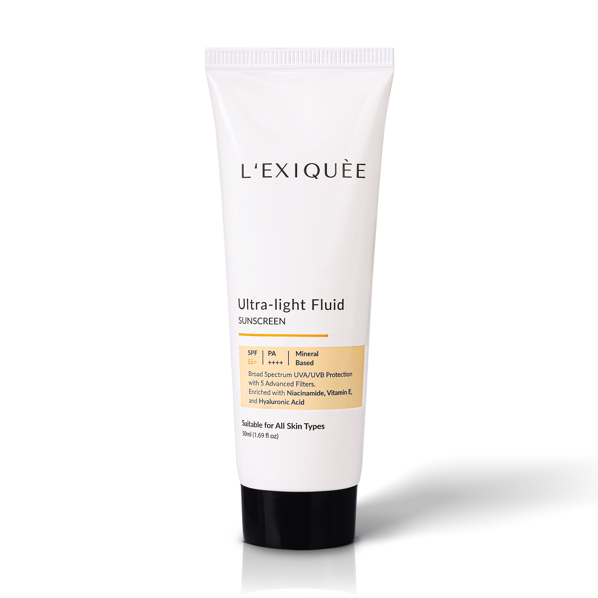 L'EXIQUEE Ultra-Light Fluid Sunscreen SPF 55+ PA++++ | Mineral-Based | Broad Spectrum UVA/UVB Protection | 50ml